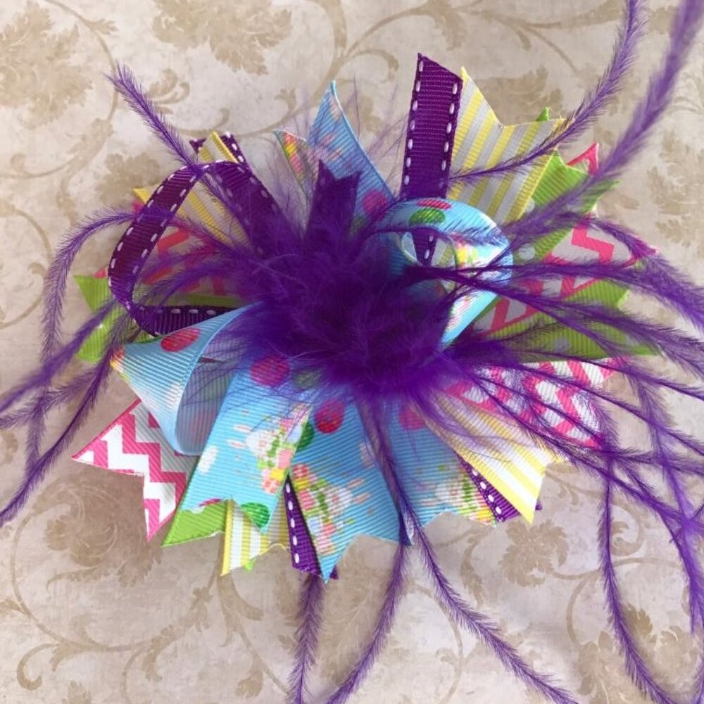 Purple Pink Green Yellow Easter Bunnies Eggs Feather Hair Bow 5"